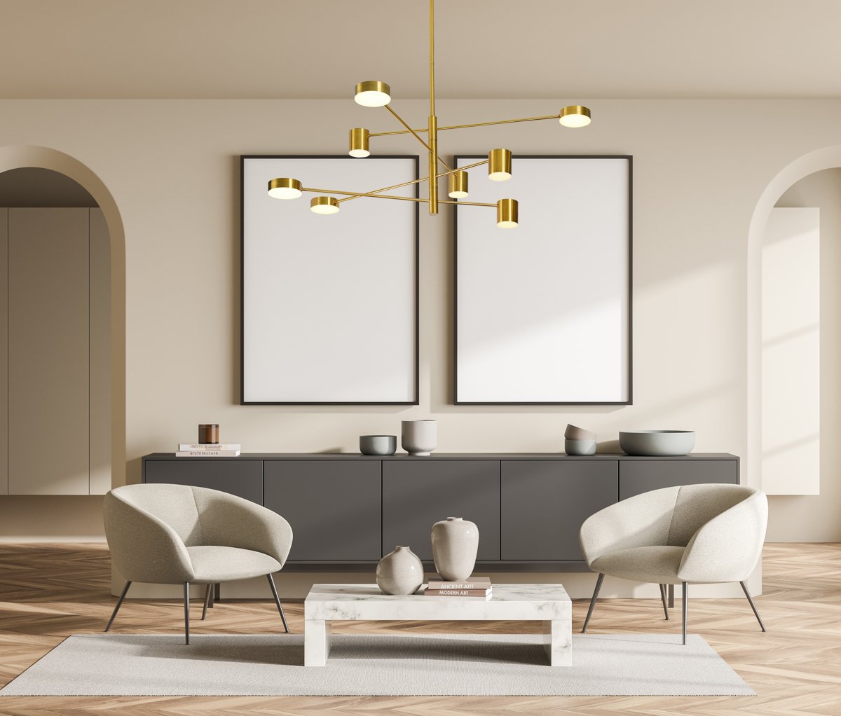 Two canvases in beige symmetrical living room. Seating idea.