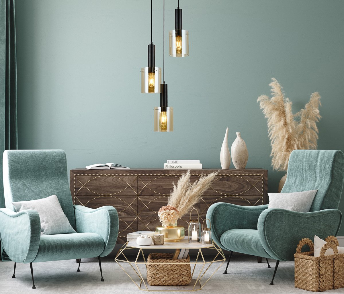 Home interior mock-up with turquoise armchairs, table and pampas