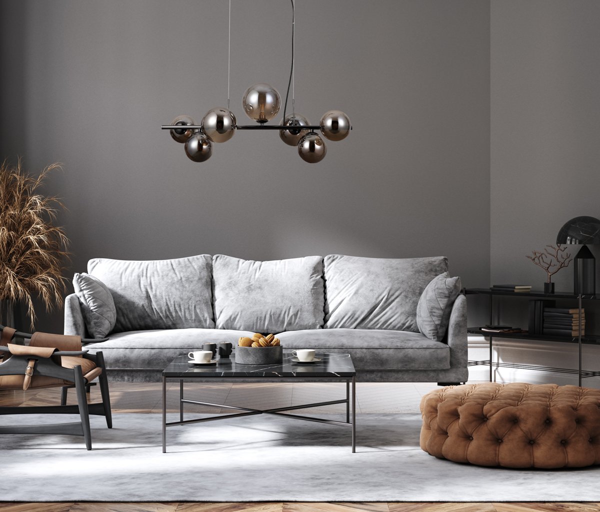 Home mockup, modern grey interior with brown decoration