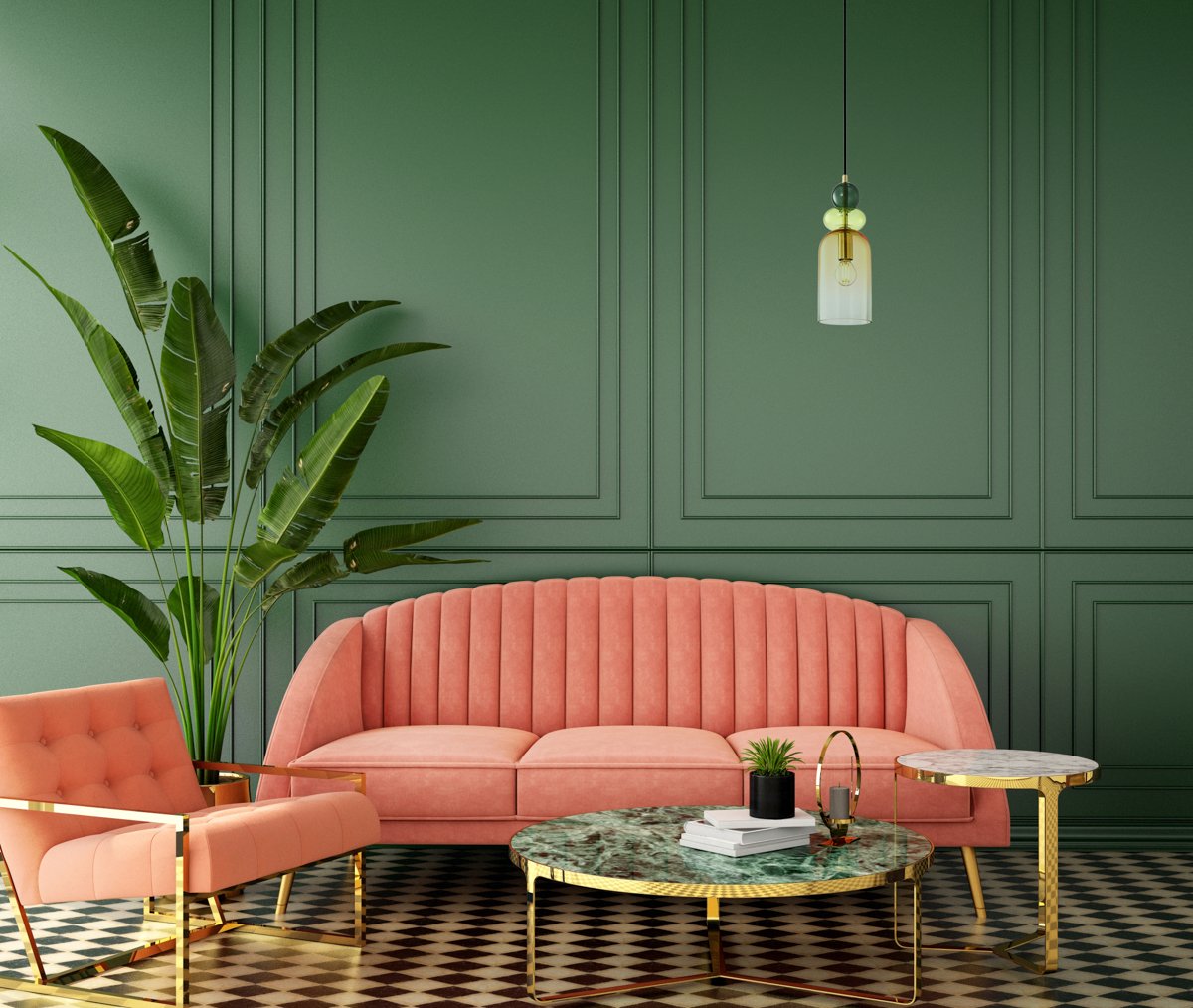 Liivng coral,color of the year 2019,interior design for living area or reception on wood floor and coral background / 3d illustration,3d rendering Pakabinamas šviestuvas MANSO D11 PND-37462C-MC-GD - Image 2