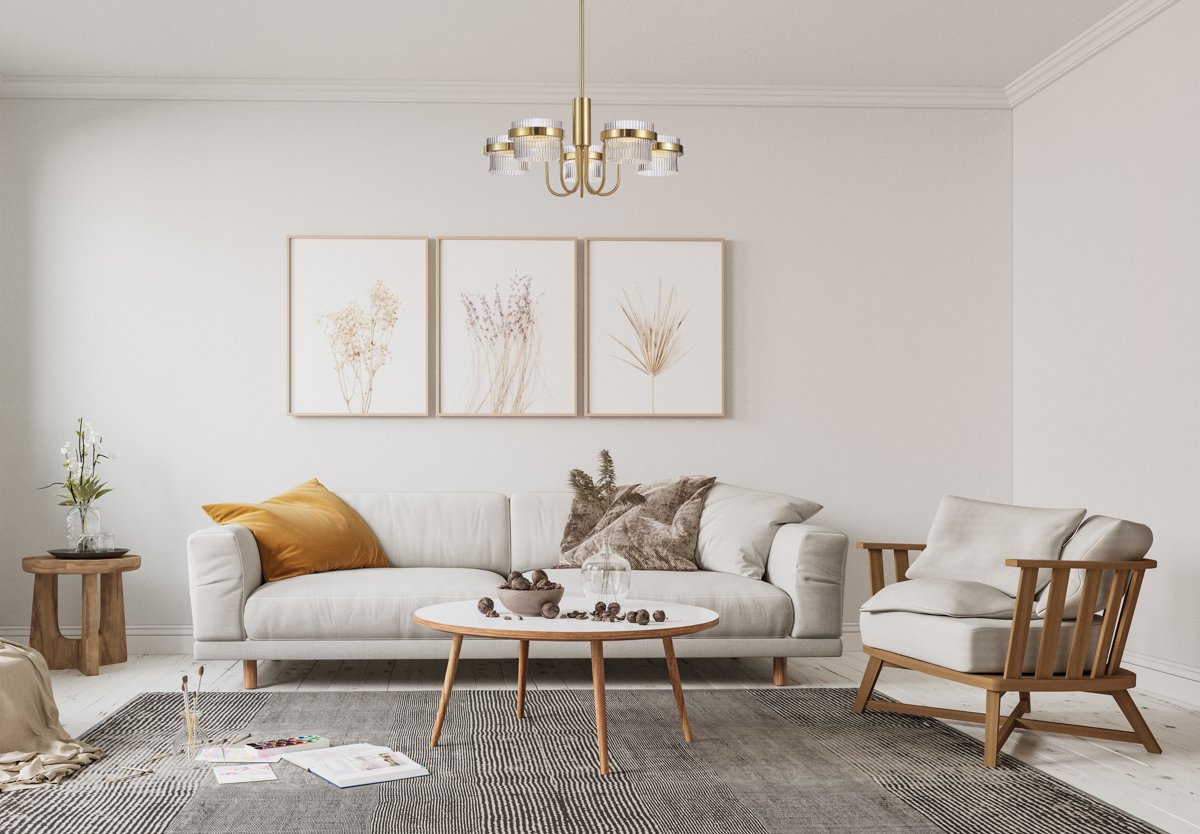 Modern interior design of upholstered furniture against the background of a classic wall.