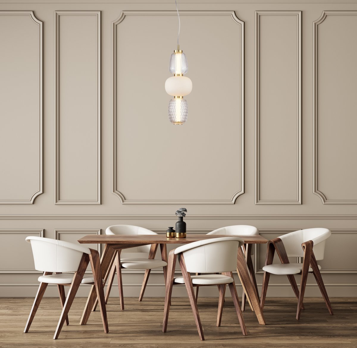 Classic beige interior with dining table and chairs. 3d render illustration background mock up.