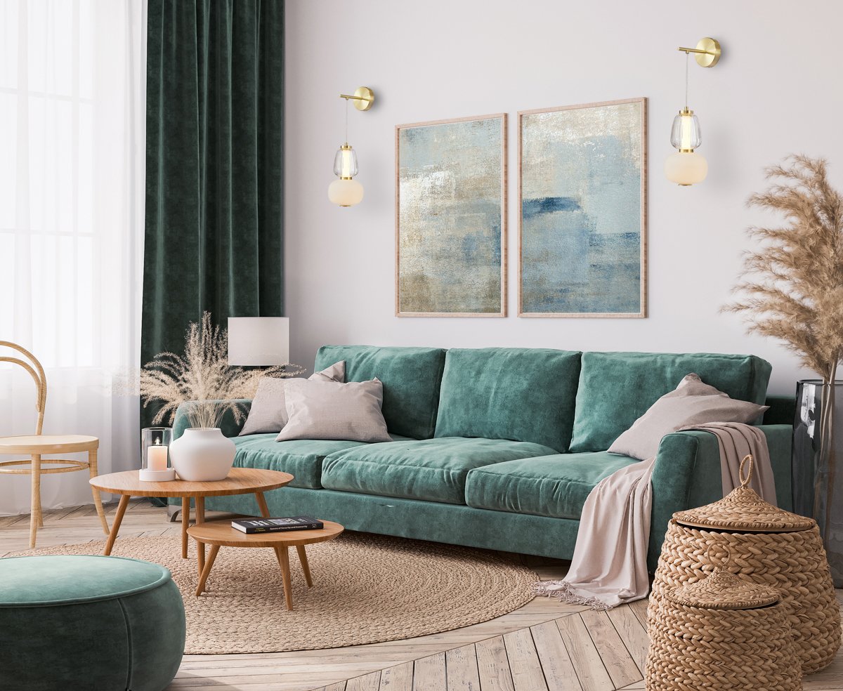 Home interior design with green sofa, wooden table and trendy decoration in white living room, frame mock-up