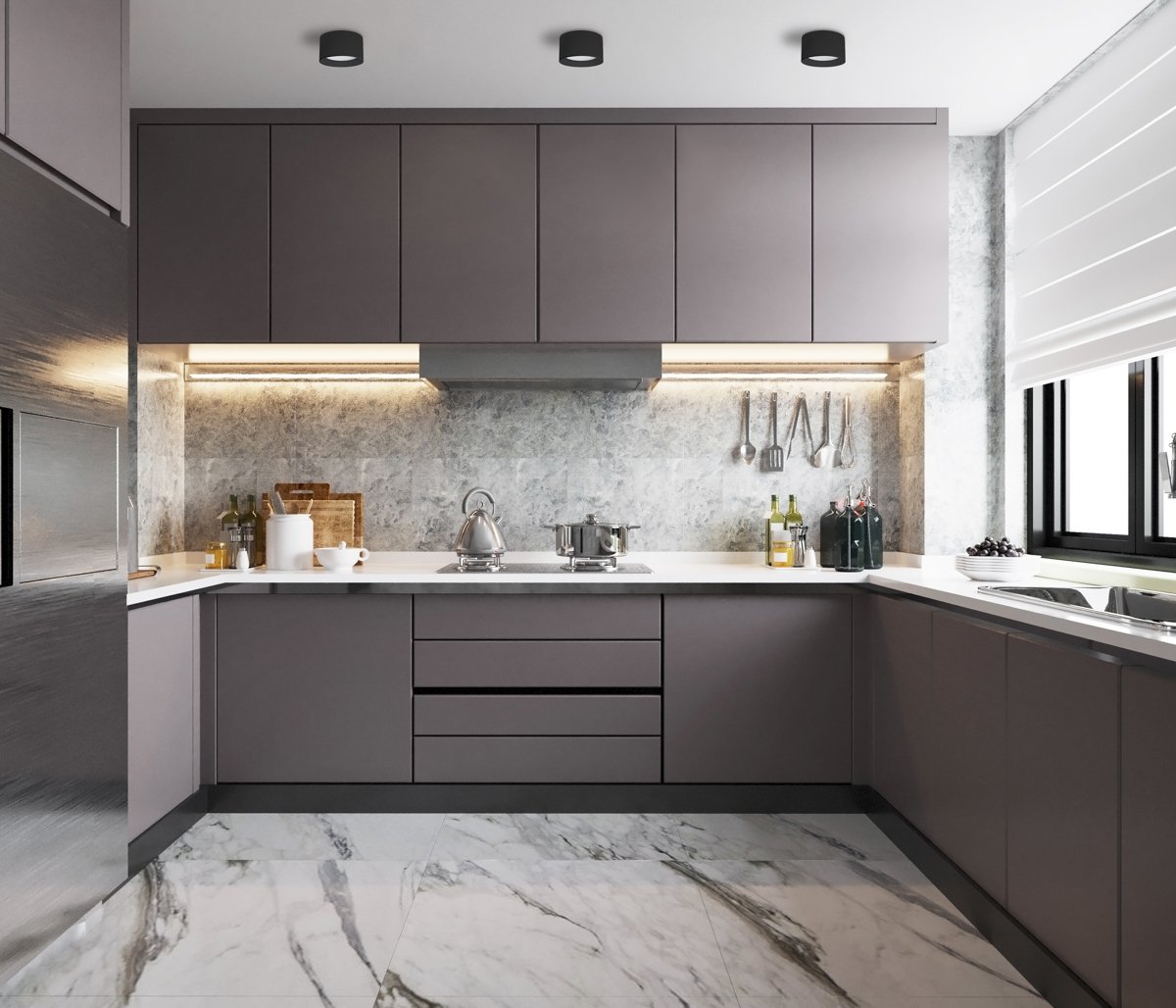 Modern kitchen interior at home with kitchenware.3D illustration