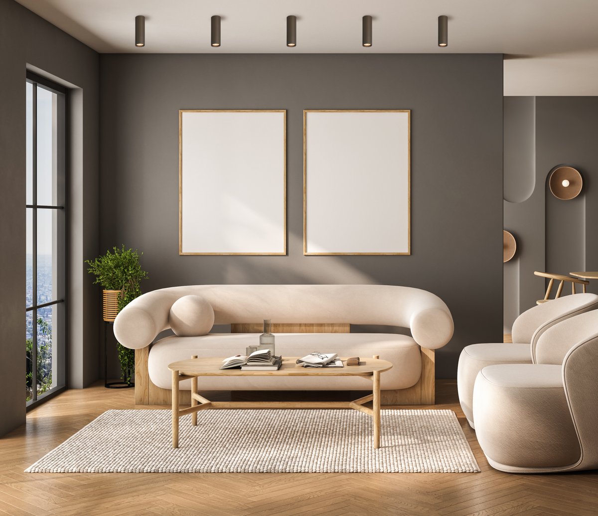 Modern living room interior with sofa and armchairs, coffee table with books and decoration, carpet on hardwood floor, dining table with chairs, mock up posters. Mockup copy space wall, 3D rendering