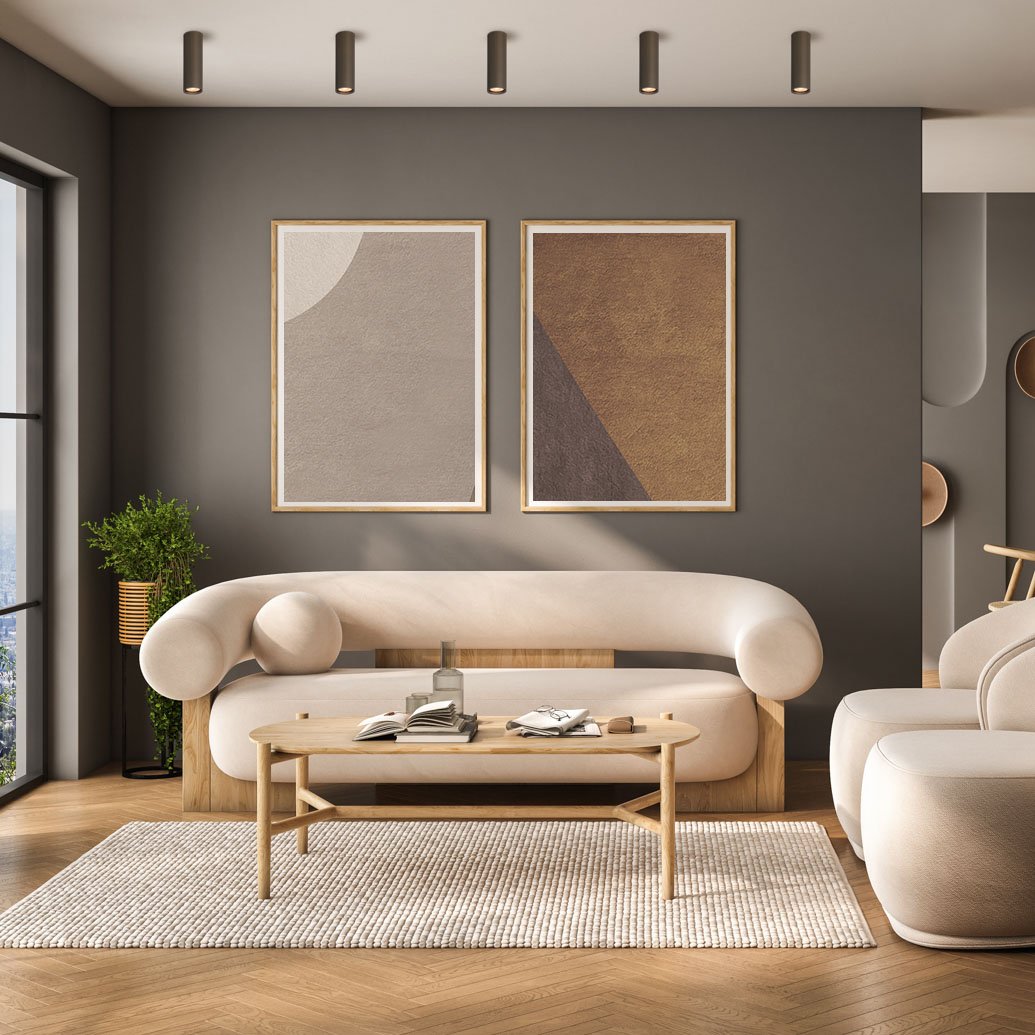 Modern living room interior with sofa and armchairs, coffee table with books and decoration, carpet on hardwood floor, dining table with chairs, mock up posters. Mockup copy space wall, 3D rendering