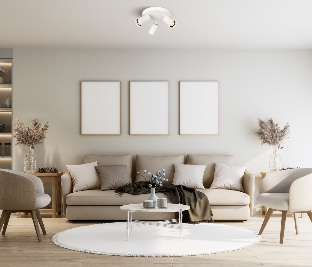 Modern contemporary style living room overlooking kitchen 3d render Lubinis šviestuvas NESTO baltos spalvos SPL-23436-3R-WH - Image 2