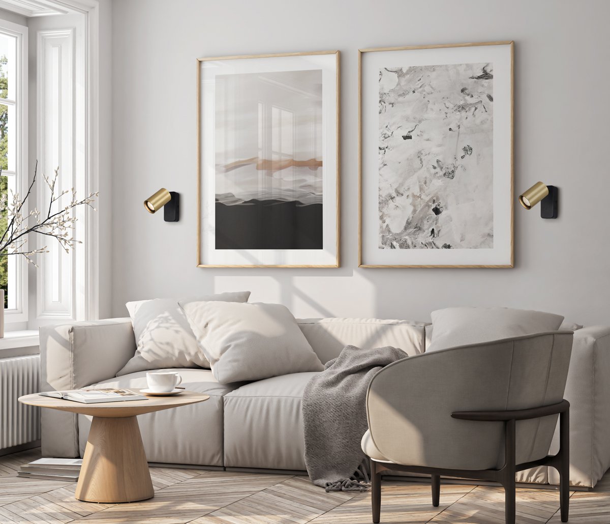 Two vertical ISO A0 frame mockup, reflective glass, mockup poster on the wall of living room. Interior mockup. Apartment background. Modern Scandinavian interior design. 3D render