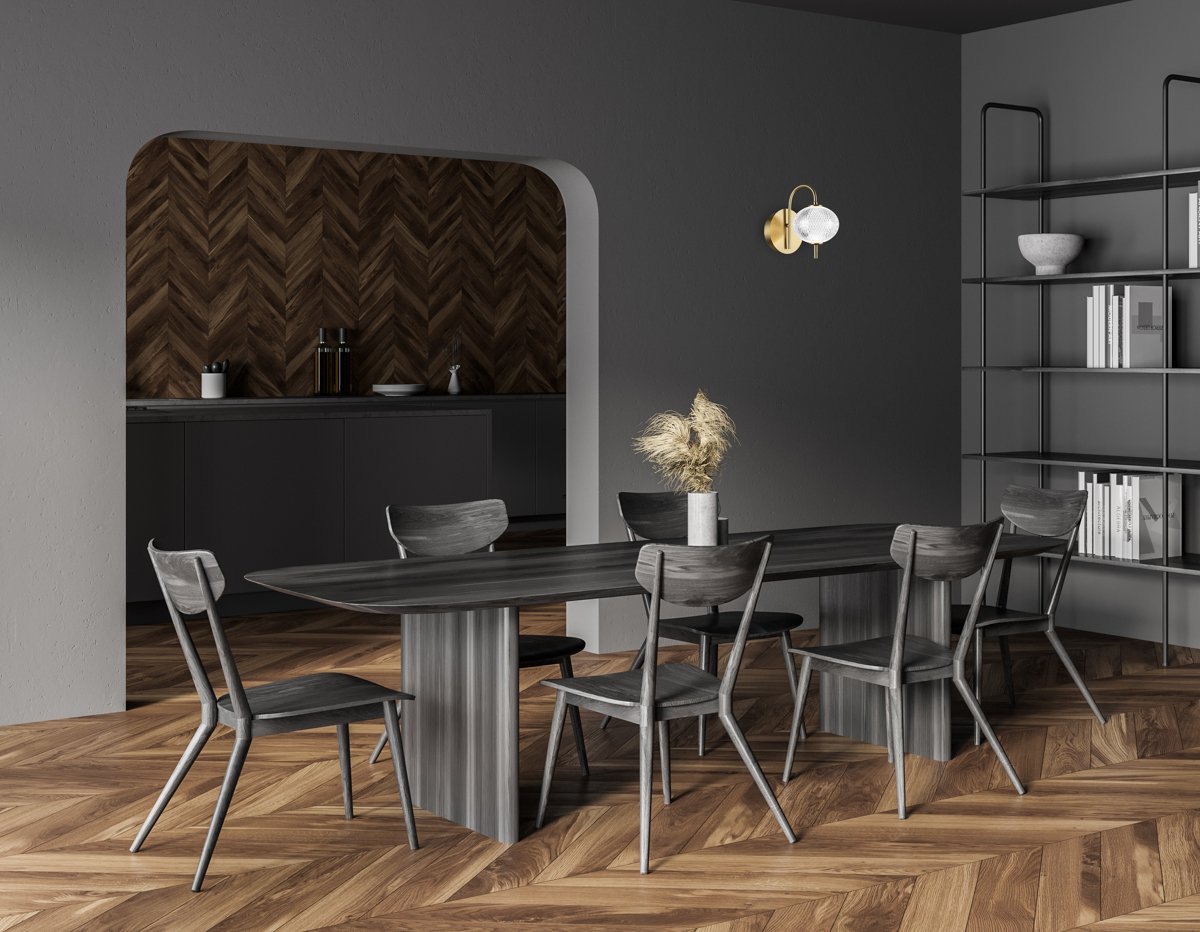 Gray kitchen corner with table and bookcase