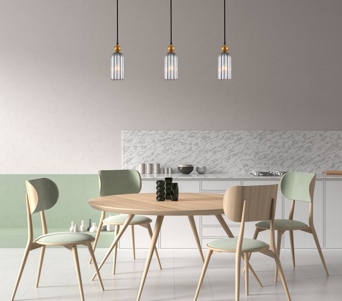 Modern spacious kitchen design with wooden dining table and chairs. Minimalist kitchen design. 3D illustration Pakabinamas šviestuvas NARISA aukso/juodos spalvos - Image 2