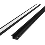 LED profilio komplektas, įleidžiamas, juodas su baltu dangteliu, laikikliais ir aklėmis, 2m.