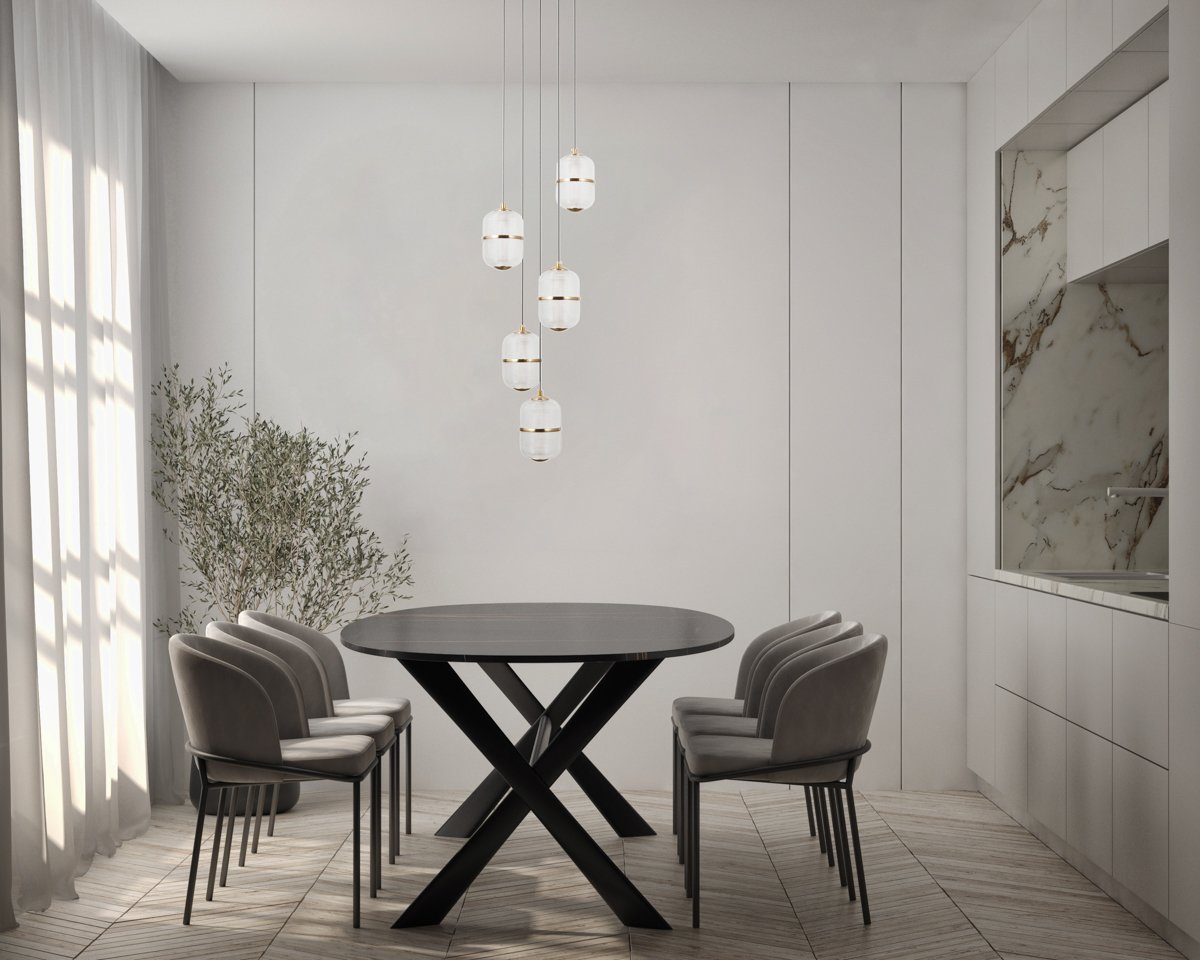 Mockup poster frame on the wall of living room with kitchen and dining room. Luxurious apartment background with contemporary design. Modern interior design. 3D render, 3D illustration. Pakabinamas LED šviestuvas ALANI 28W aukso spalvos - Image 3