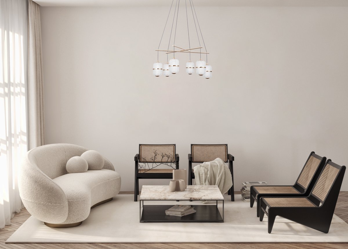 Mockup poster frame on the wall of living room. Luxurious apartment background with contemporary design. Modern interior design. 3D render, 3D illustration.
