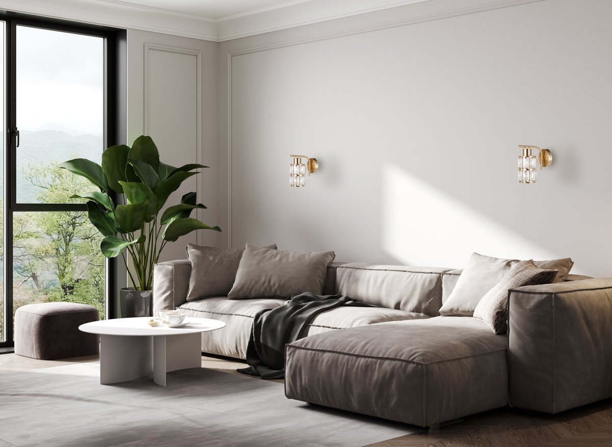 Bright and cozy modern living room interior sofa and plant with white wall.