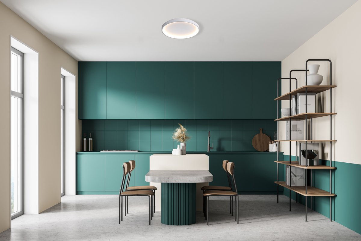 White and ocean green modern kitchen interior near window. Dining area with table. Concrete floor. Tall window. Lubinis LED šviestuvas RADEN D-58 baltos spalvos - Image 2