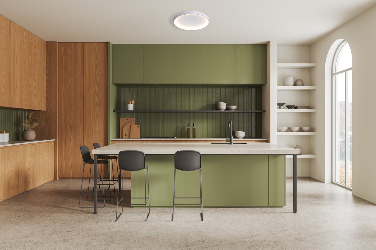 White and green kitchen interior with island Lubinis LED šviestuvas RADEN D-48 baltos spalvos - Image 2