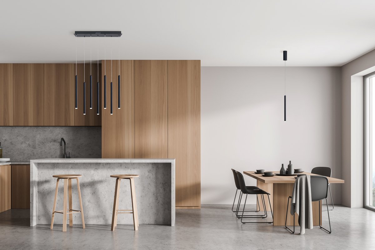 Light kitchen interior with table and chairs on concrete floor Pakabinamas LED šviestuvas VALDES-7 juodos spalvos - Image 2