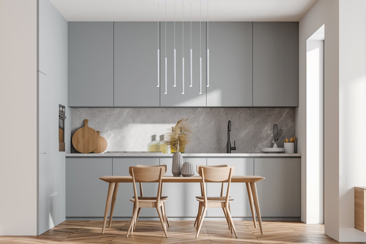 Bright cozy kitchen room interior with dining table and chairs Pakabinamas LED šviestuvas VALDES-7 baltos spalvos - Image 2