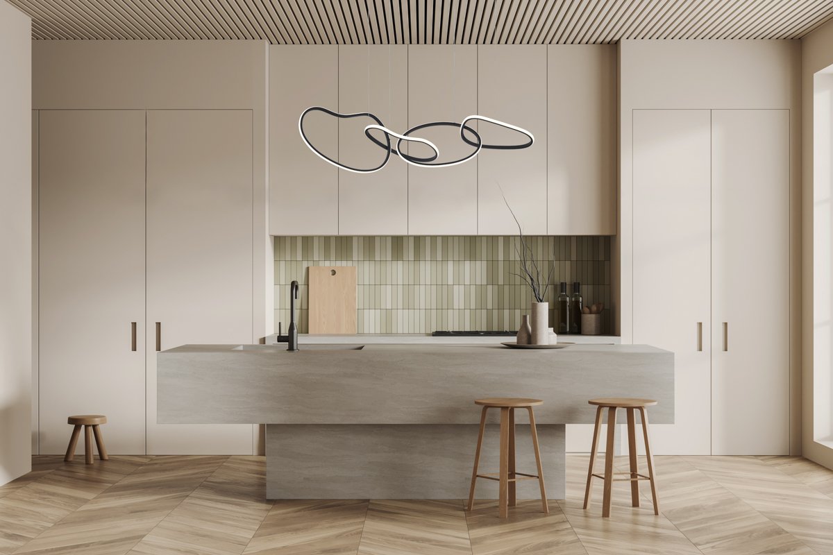 Cozy kitchen interior with bar countertop and cooking area, kitchenware