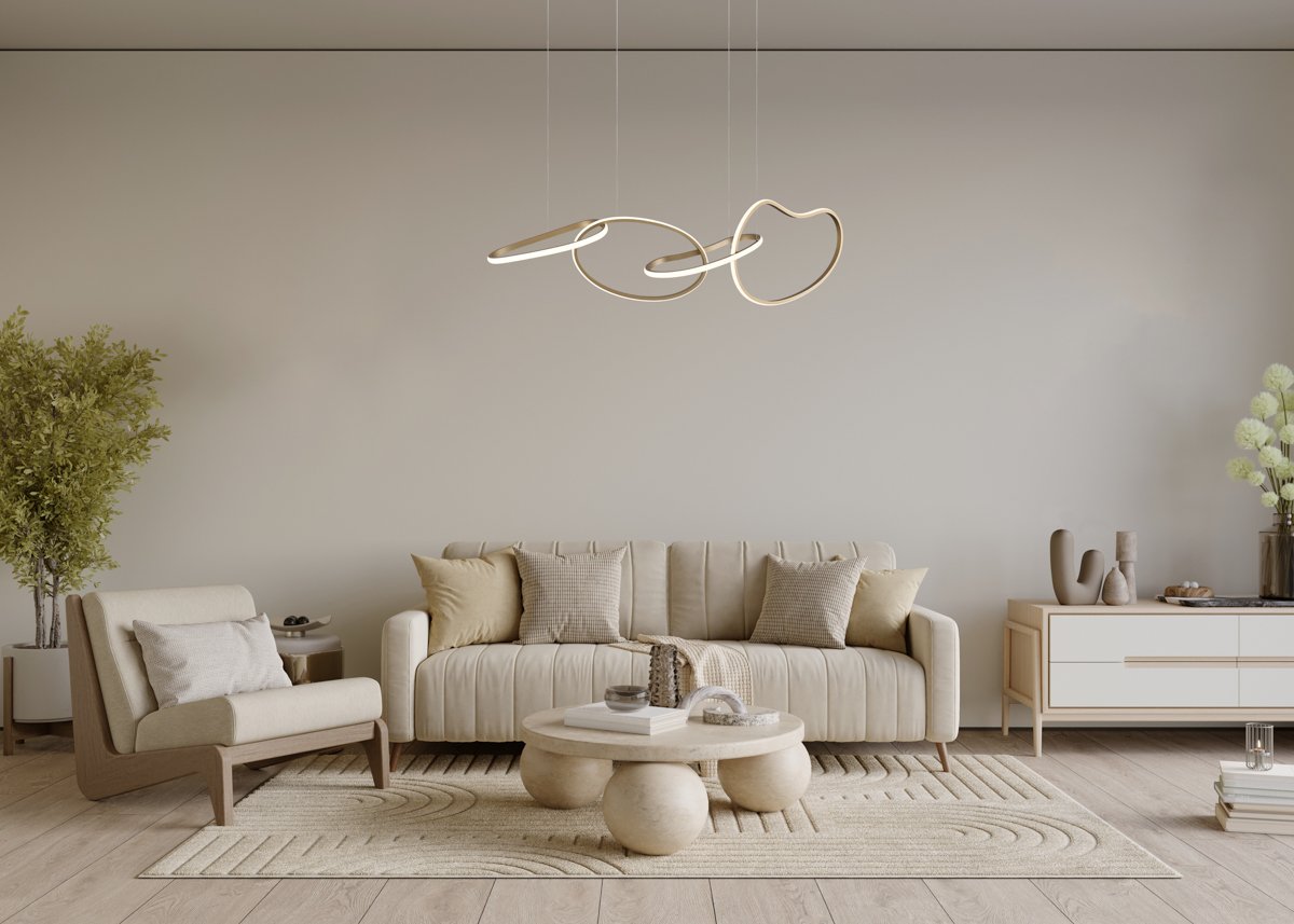Home interior mock-up with cozy sofa on white wall background, 3d render Pakabinamas LED šviestuvas FONTE 60W aukso spalvos - Image 2