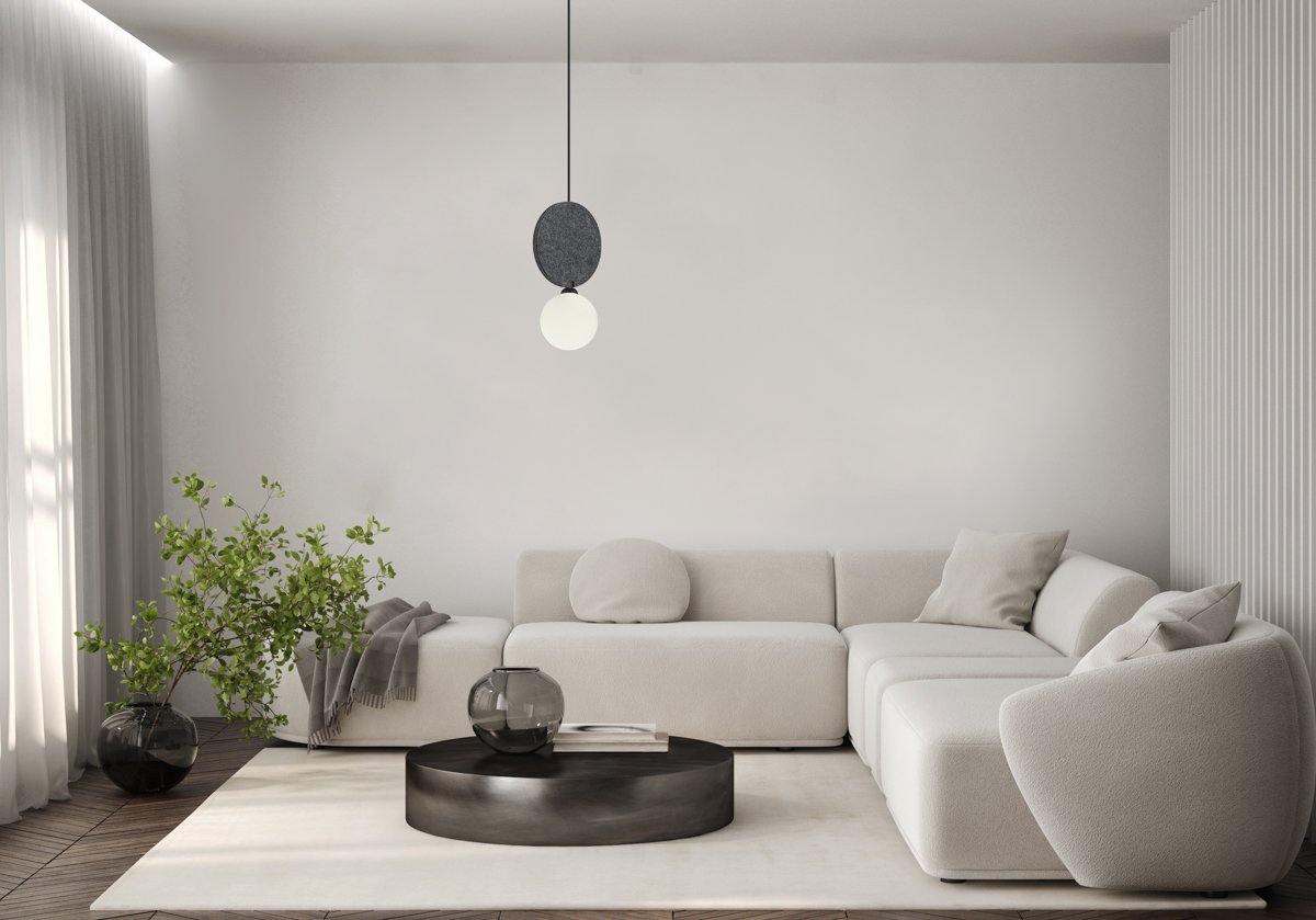 Mockup poster frame on the wall of living room. Luxurious apartment background with contemporary design. Modern interior design. 3D render, 3D illustration Pakabinamas šviestuvas ANDREA 25W juoda/pilka spalvos - Image 2