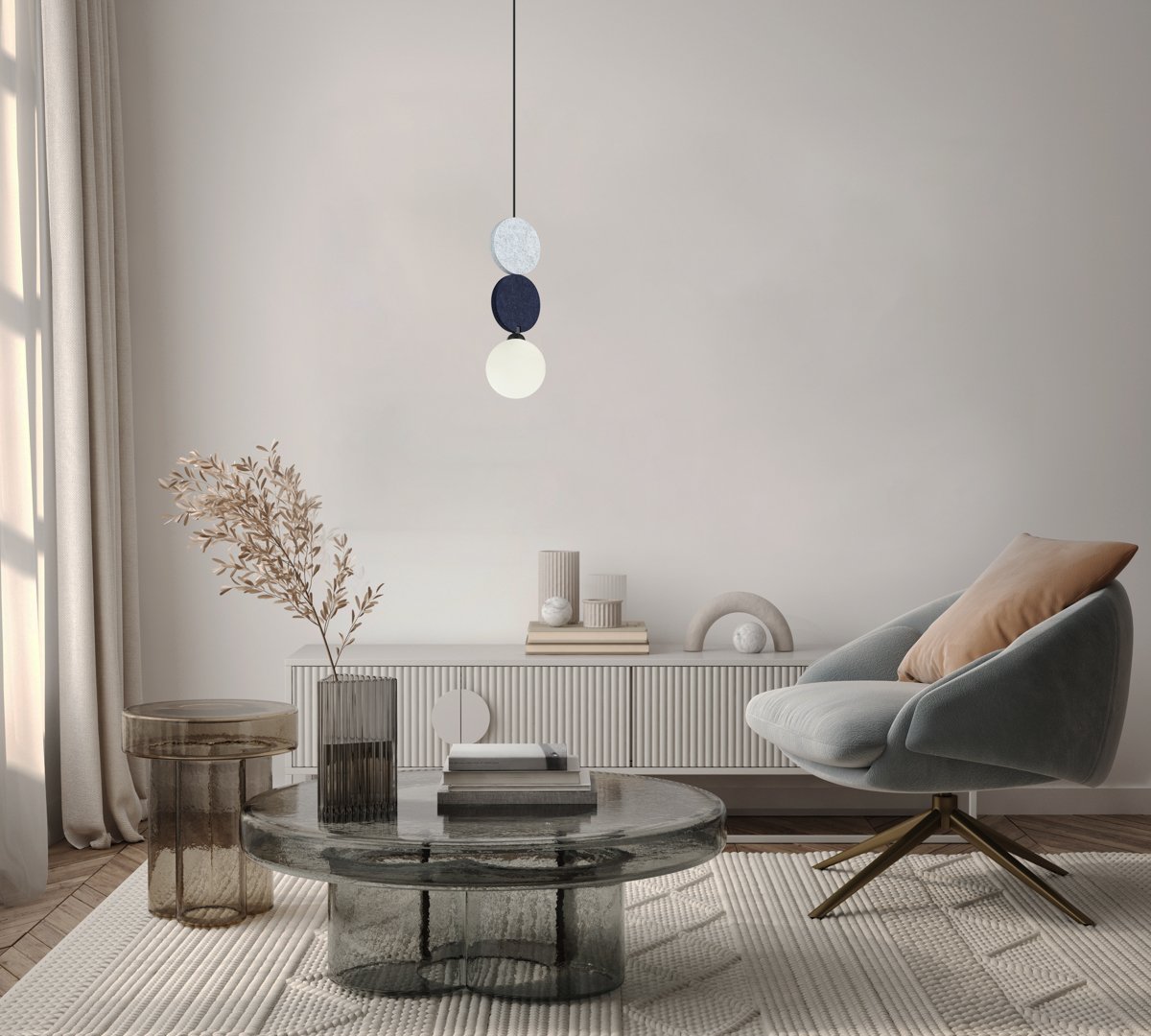 Mockup poster frame on the wall of living room. Luxurious apartment background with contemporary design. Modern interior design. 3D render, 3D illustration Pakabinamas šviestuvas ANDREA 25W juoda/pilka/mėlyna spalvos - Image 2