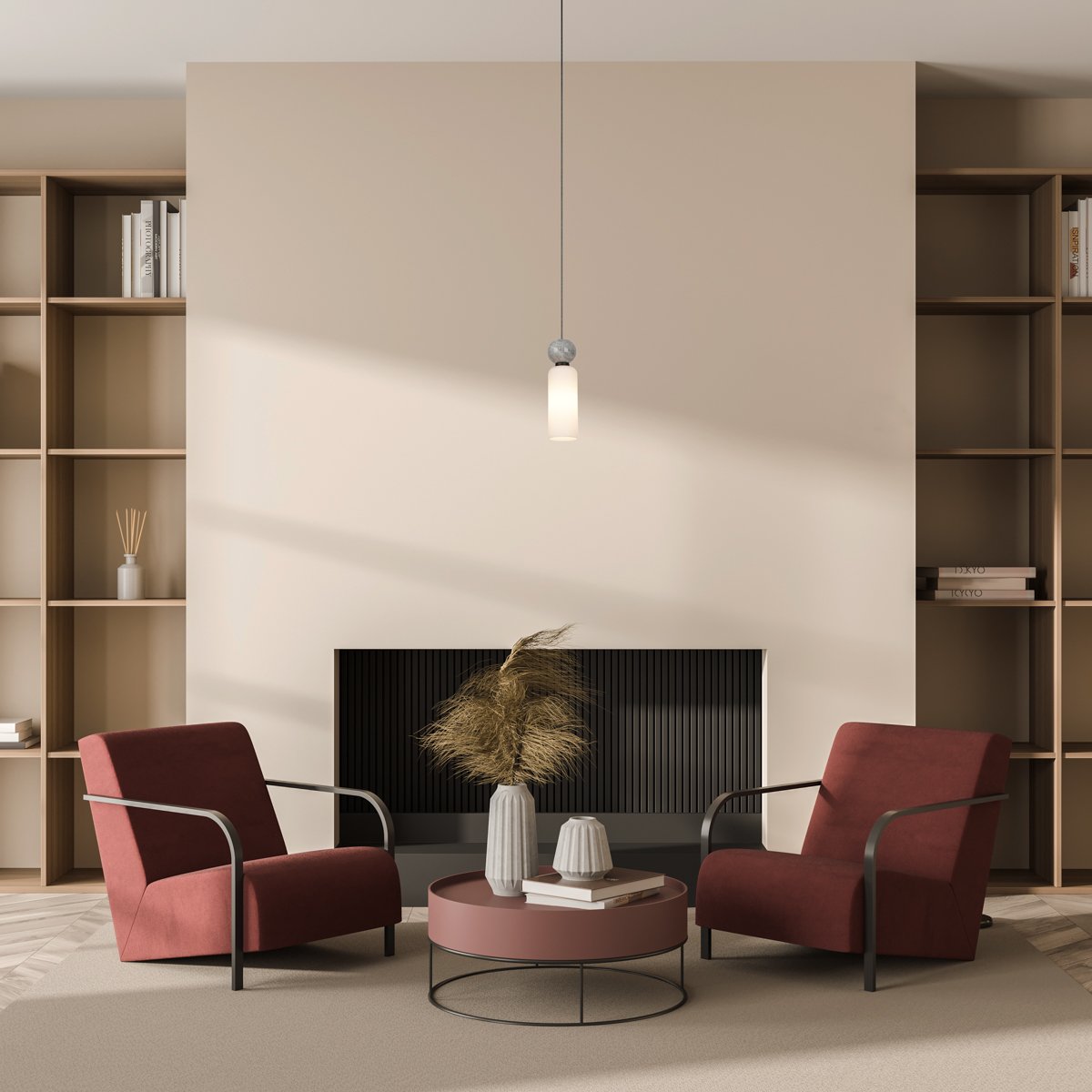 Beige and red sitting area with fireplace and shelvings. Closeup. Pakabinamas šviestuvas SANTOS juodos spalvos - Image 2