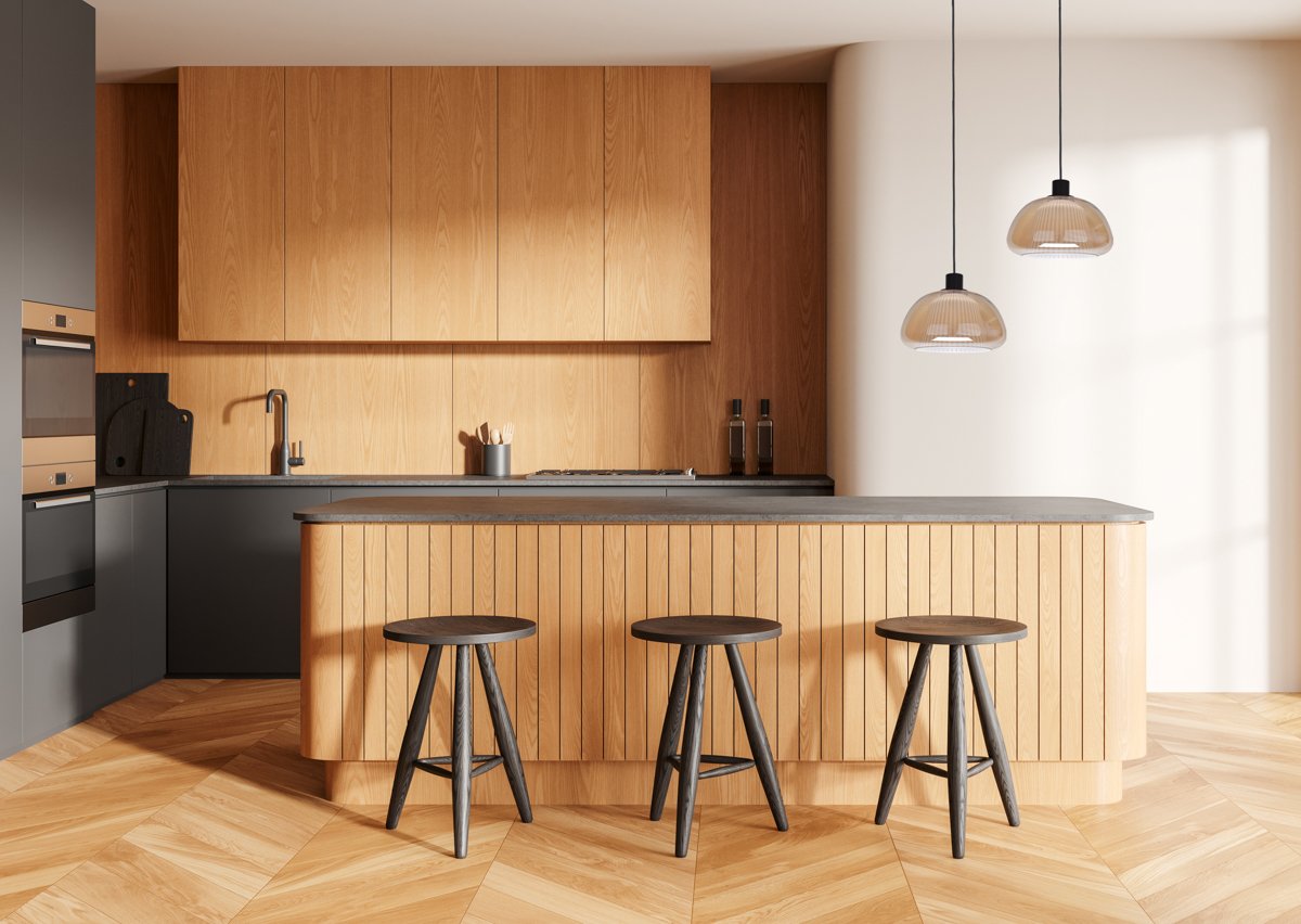 Wooden home kitchen interior with cooking cabinet and island, panoramic window