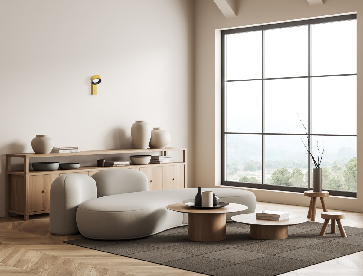 Stylish living room interior with couch and panoramic window. Mockup wall