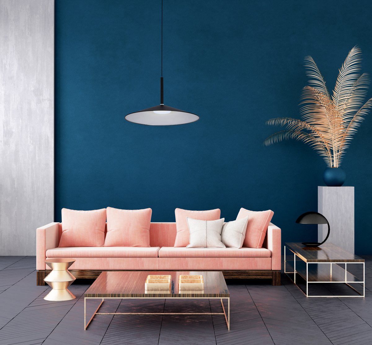 Modern dark blue living room interior with pink color couch and golden decor,wall mock up