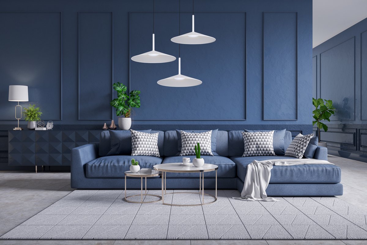 Modern interior of living room,blue sofa with cofee table on carpet tiles and dark blue wall,3d rendering