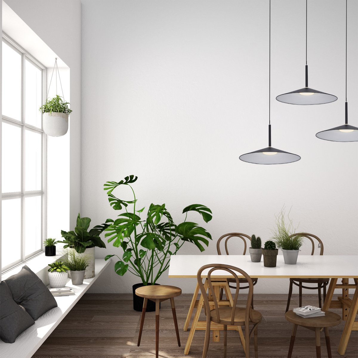 3d illustration,interior design for dining area or working table in modern style with chair, table,plant on wood floor and white concrete wall