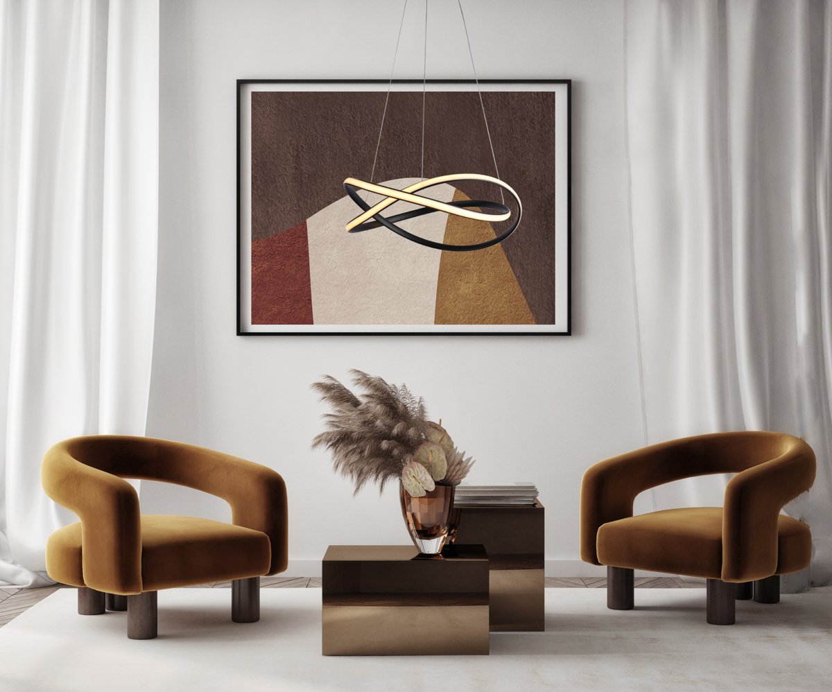 Mockup poster frame on the wall of living room. Luxurious apartment background with contemporary design. Modern interior design. 3D render, 3D illustration. Pakabinamas LED šviestuvas RUMIO 40W juodos spalvos - Image 2