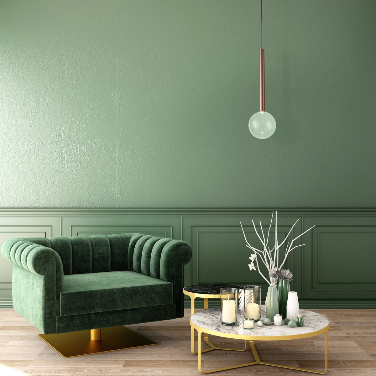 living interior design in classic style with decoration set on sideboard, velvet armchair on wooden floor and deep green wall,3d illustration,3d rendering Pakabinamas LED šviestuvas ALINOS 6W vario spalvos - Image 2