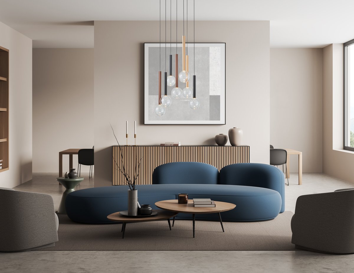 Light chill room interior with couch and window, drawer and mockup frame Pakabinamas LED šviestuvas ALINOS 28W įvairiaspalvis - Image 2