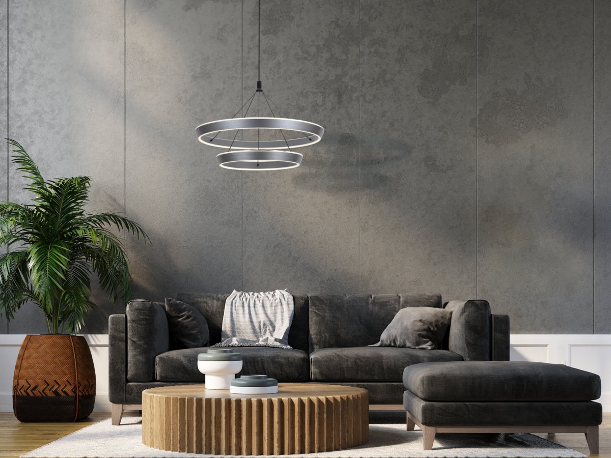 living room interior 3d render with sofa table lamp background wood floor wooden concrete wall template design texture, minimal modern scandinavian Pakabinamas LED šviestuvas OTTANA 60W CCT pilkos spalvos - Image 2