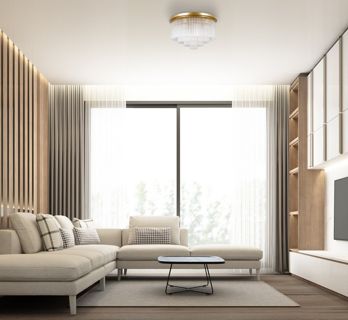 Living room modern minimal style with built-in wall decorate and tv cabinet with wooden and white marble and sofa set. 3d rendering