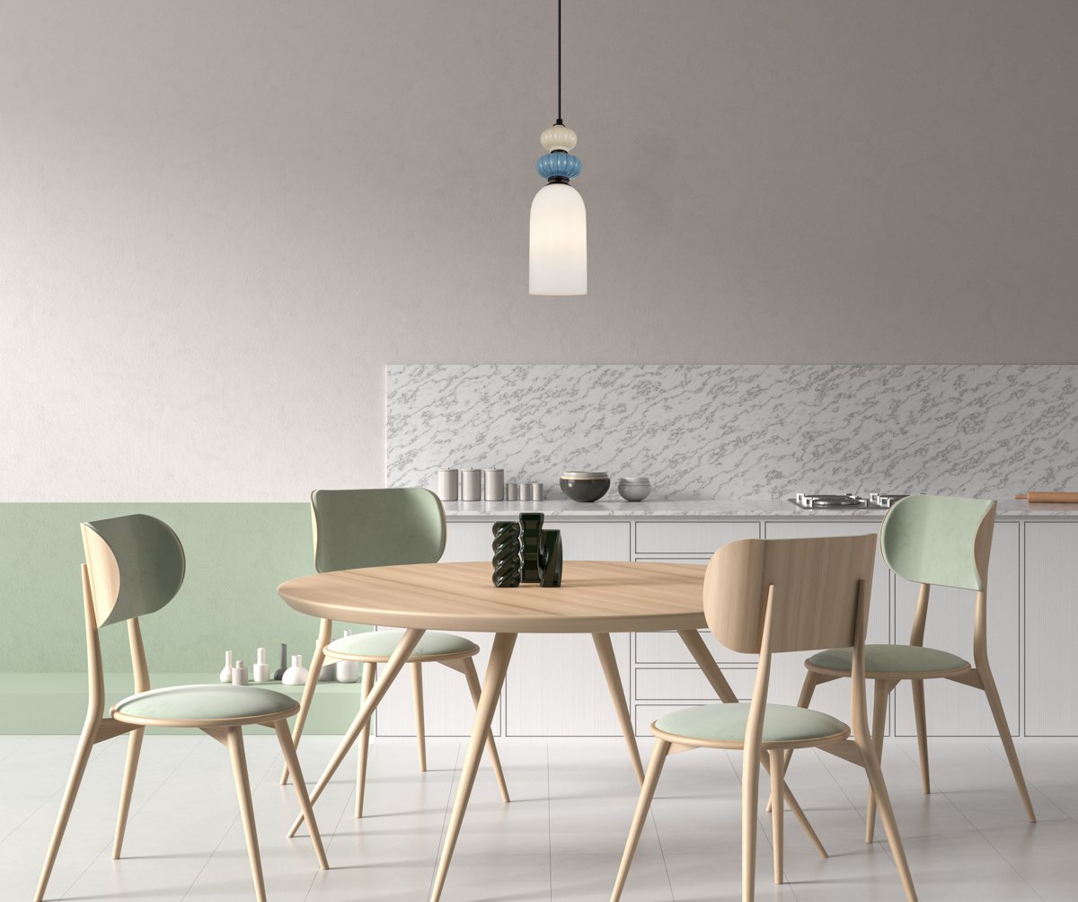 Modern spacious kitchen design with wooden dining table and chairs. Minimalist kitchen design. 3D illustration Pakabinamas šviestuvas BONATA PND-36573-1A-BK-WH - Image 2