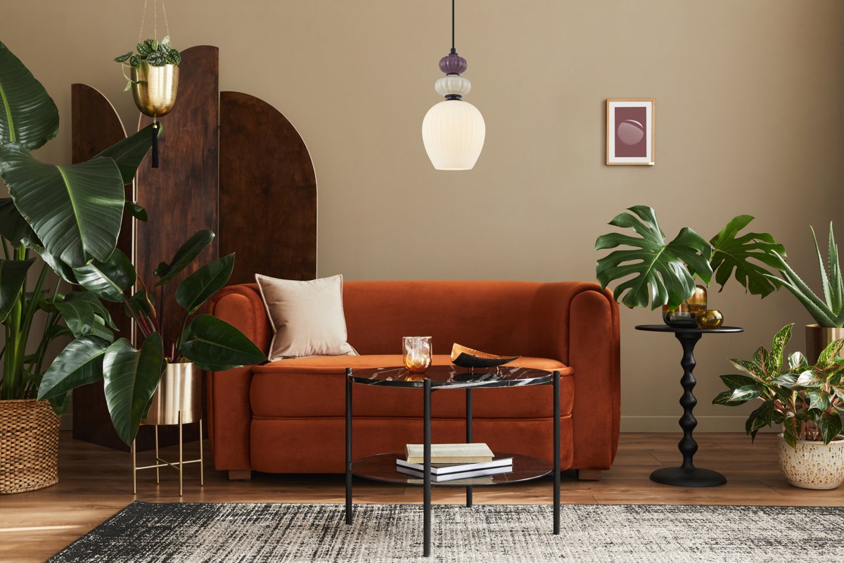 Domestic interior of living room with design sofa, mock up poster frames, a lot of plants, coffee table, room screen and elegant personal accessoreis in modern home decor. Template. Pakabinamas šviestuvas DOMALI juodos/baltos/violetinės spalvos - Image 2
