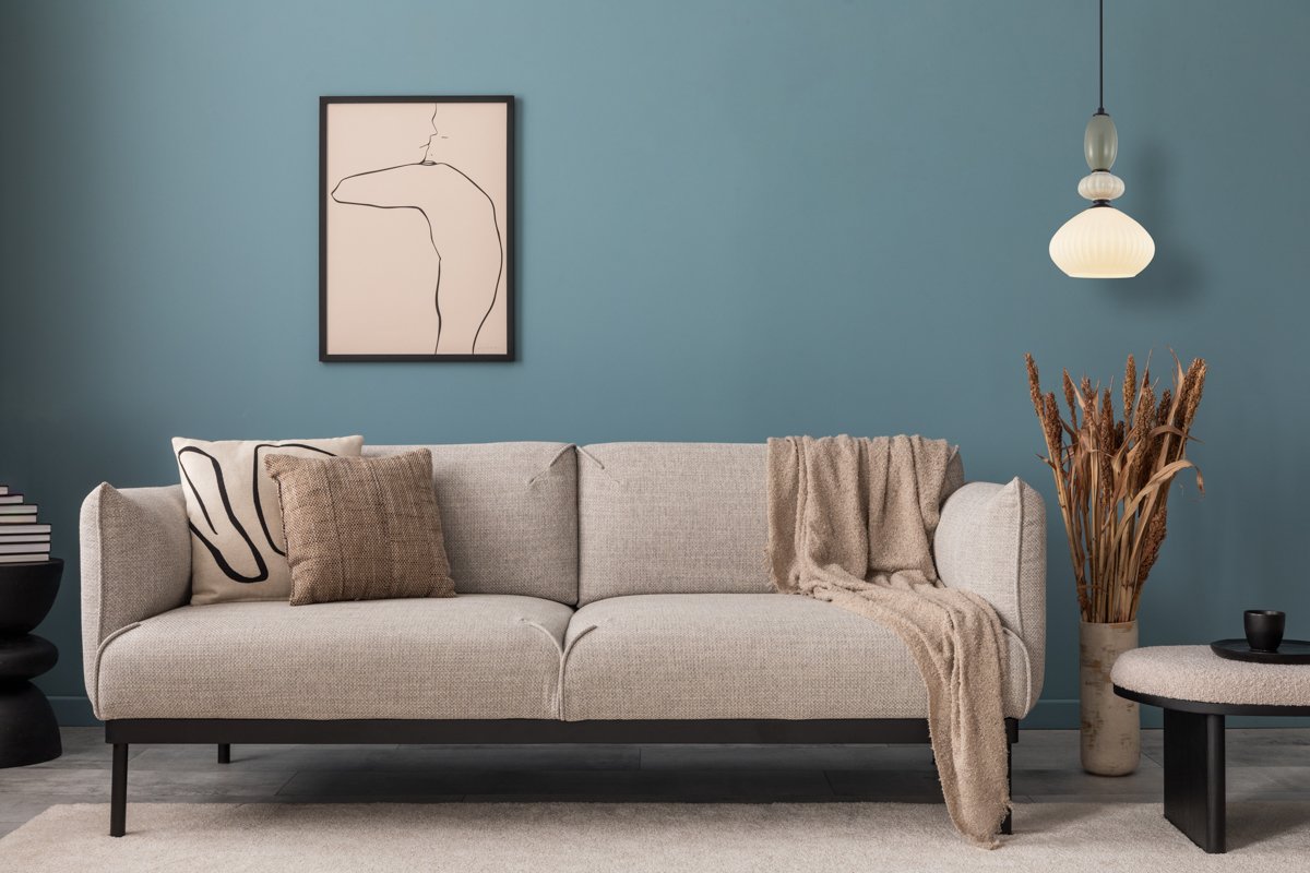 Warm and cozy blue room with mock up poster frame, cozy sofa, beige bedding, blue wall, pillows, wooden sideboard, bench, gray armchair, vase with flowers plants and personal accessories. Home decor. Template. Pakabinamas šviestuvas DOMALI juodos/baltos/žalios spalvos - Image 2