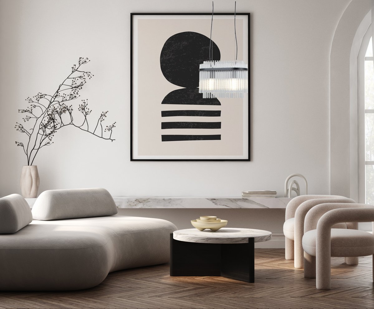 Mockup poster frame on the wall of living room. Luxurious apartment background with contemporary design. Modern interior design. 3D render, 3D illustration Pakabinamas šviestuvas BONTE L-41 cm juodos spalvos - Image 2
