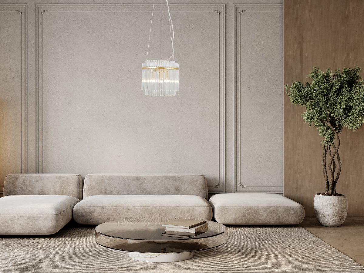Contemporary classic beige interior with sofa, plants, moldings, floor lamp, wood wall panel and decor. 3d render illustration mockup. Pakabinamas šviestuvas BONTE D-32 cm aukso spalvos - Image 2