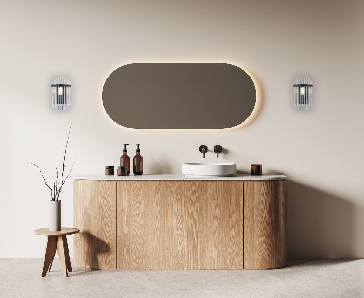 Beige bathroom interior with tub Sieninis šviestuvas BONTE juodos spalvos - Image 2