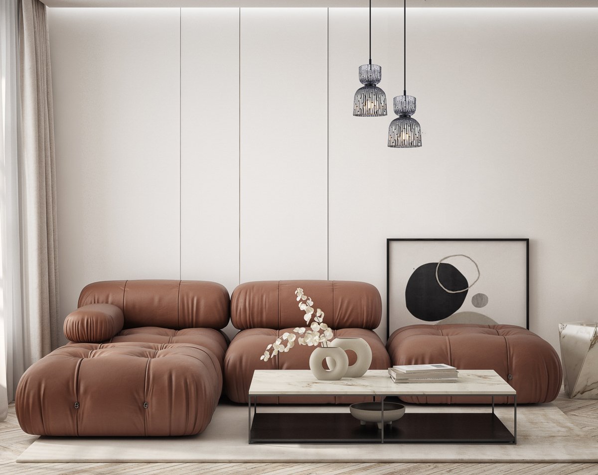 Modern interior design of living room. Luxurious apartment background with contemporary design. Wall mock up. 3D render, 3D illustration. Pakabinamas šviestuvas BALME PND-3619-1-BK-SG - Image 2