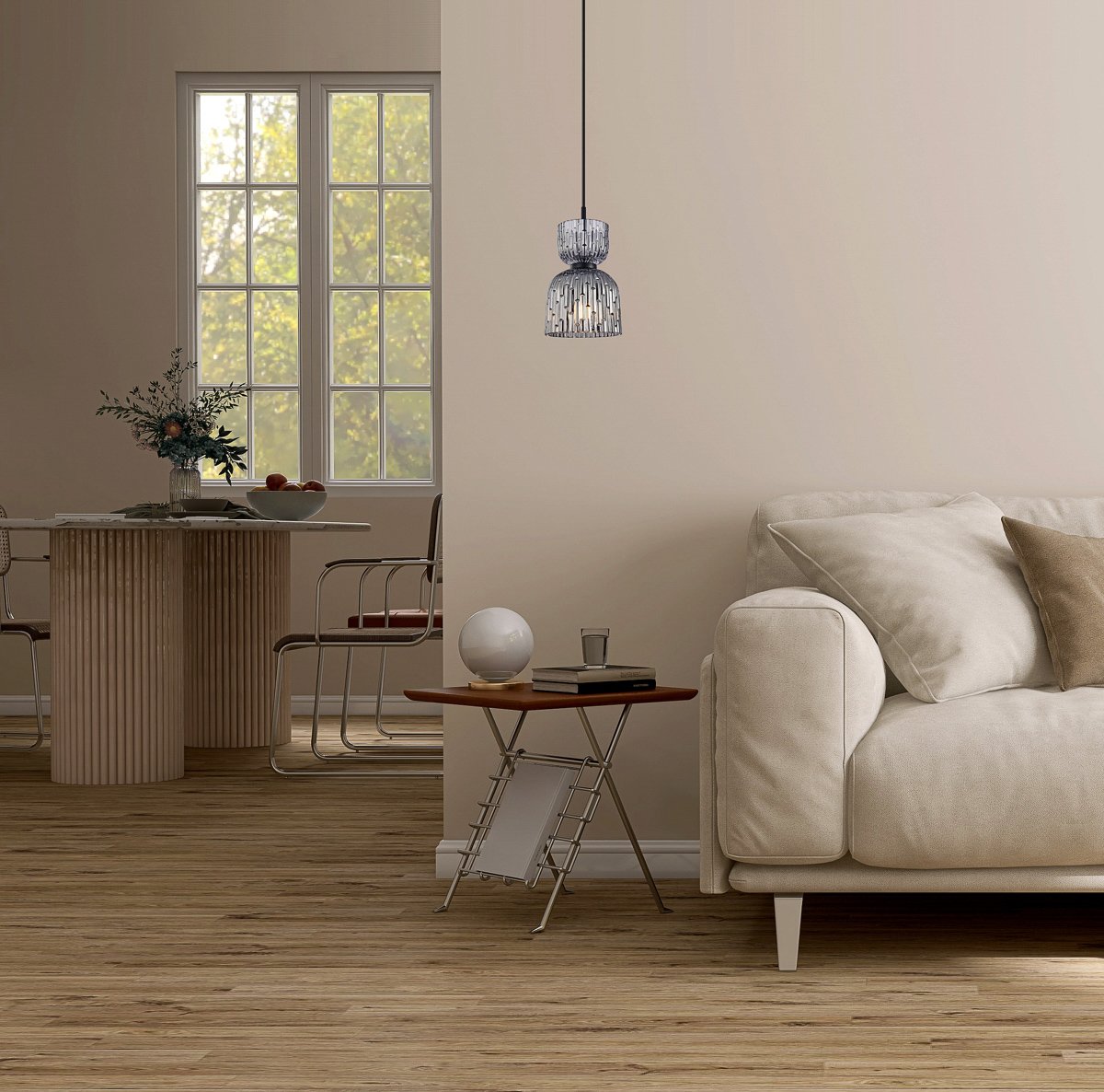 Cream suede leather sofa, brown cushion, blanket in sunlight on beige wall, parquet floor living room, kitchen dining room Pakabinamas šviestuvas BALME PND-3619-1-BK-SG - Image 3