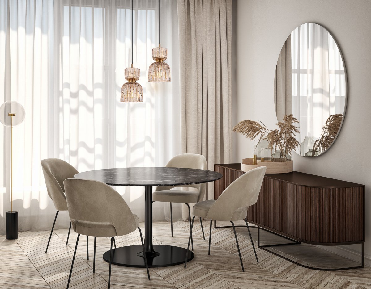 Modern interior design of living room. Luxurious apartment background with contemporary design. Wall mock up. 3D render, 3D illustration. Pakabinamas šviestuvas BALME PND-3619-1-BRO-AMB - Image 2