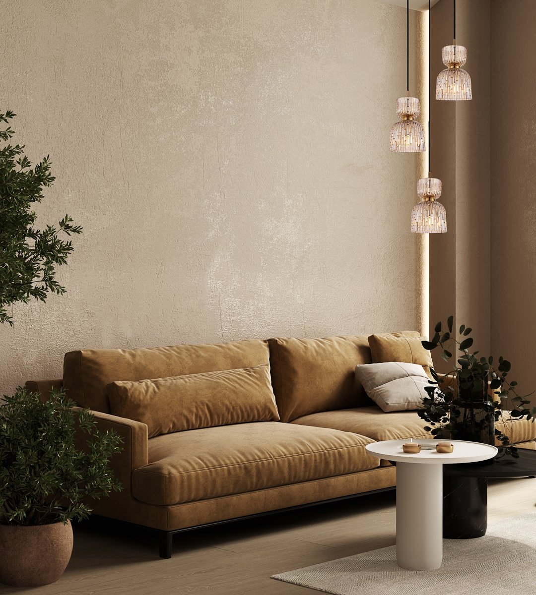 Home interior mock-up with brown sofa, table, plant and decor in living room, 3d render Pakabinamas šviestuvas BALME PND-3619-3A-BRO-AMB - Image 2