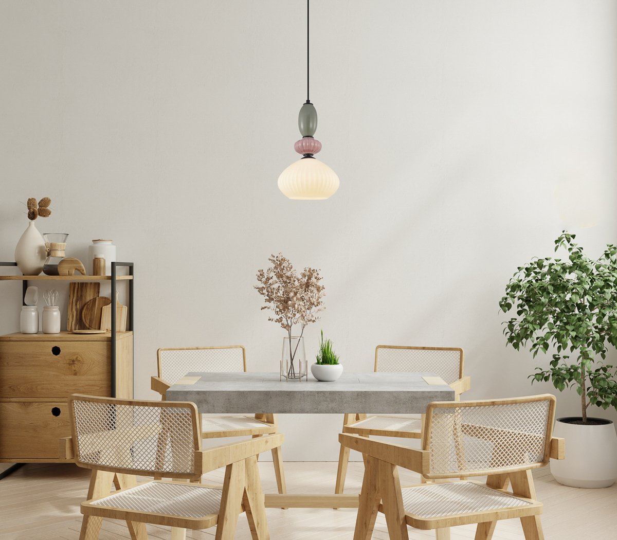Modern dining room interior design with beige empty wall and minimal decor.