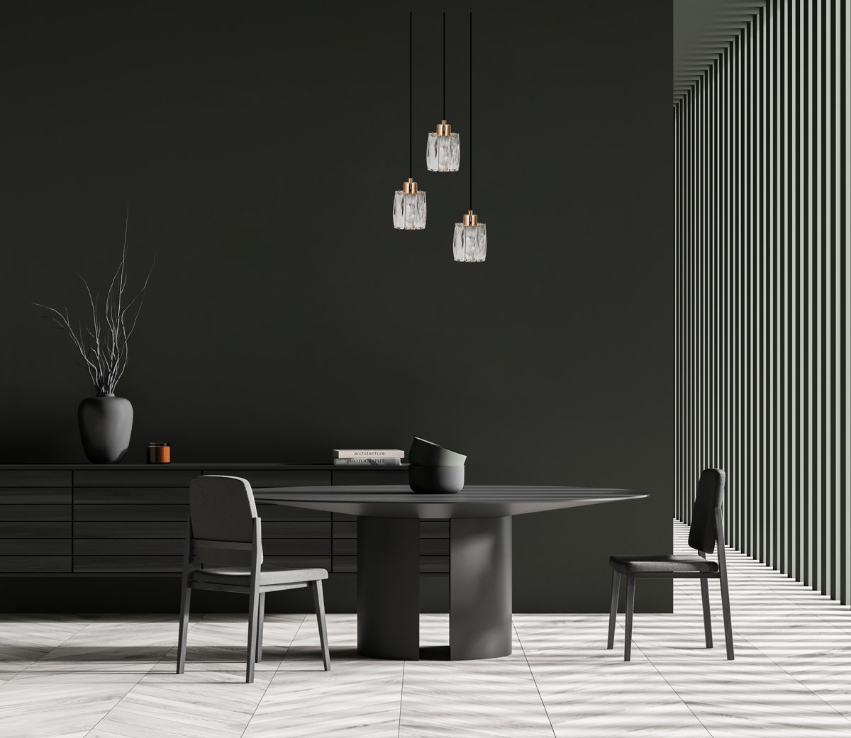 Dark dining room interior with empty white poster, two chairs