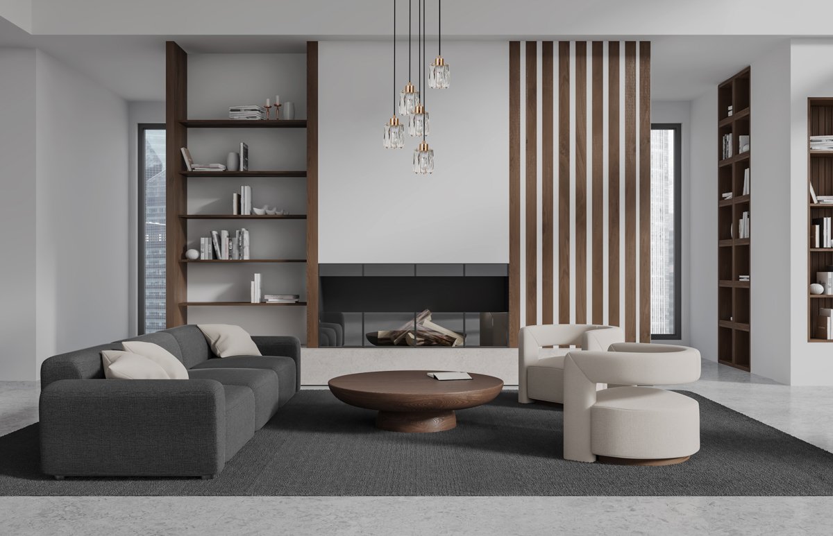 Modern minimalist living room with dark furniture and wooden accents. 3D Rendering